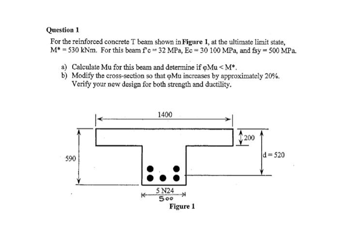 Question 1 For The Reinforced Concrete T Beam Shown In Figure 1 At The Ultimate Limit State M 530 Knm For This Bea 1
