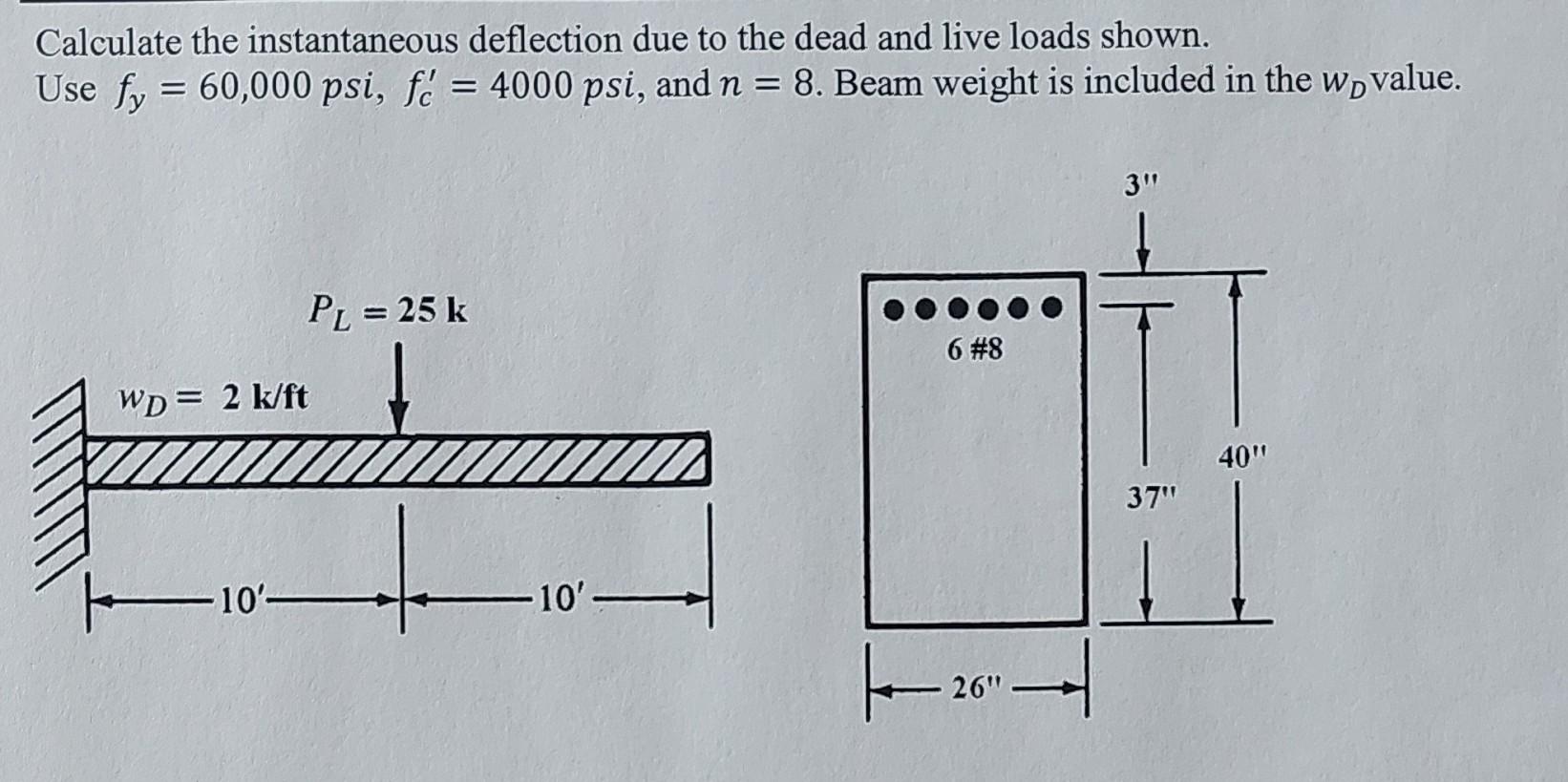 Calculate The Instantaneous Deflection Due To The Dead And Live Loads Shown Use Fy 60 000 Psi F 4000 Psi And N 1