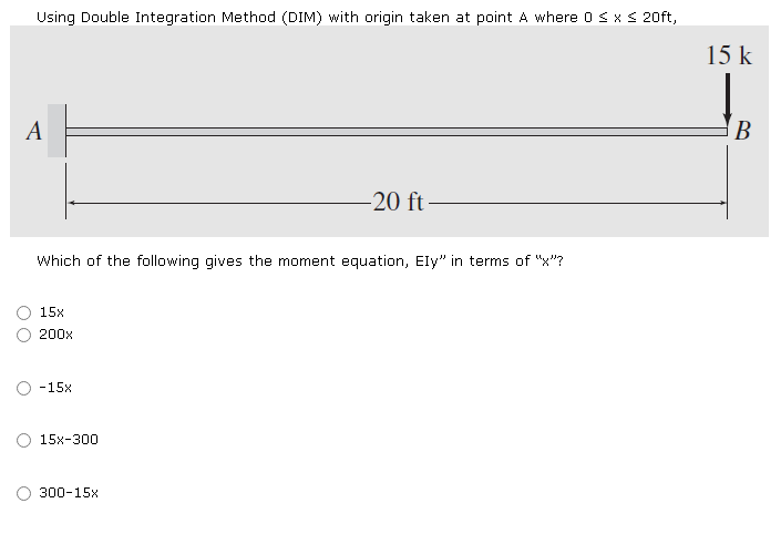 Using Double Integration Method Dim With Origin Taken At Point A Where 0 X 20ft D Which Of The Following Gives Th 1