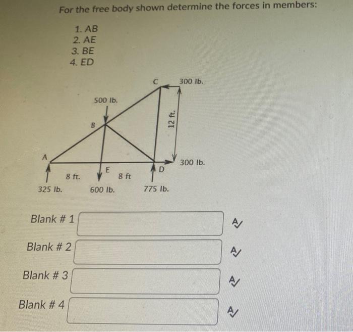 For The Free Body Shown Determine The Forces In Members 1 Ab 2 Ae 3 Be 4 Ed 300 Lb 500 Lb 12 Ft A 300 Lb E D 8 1