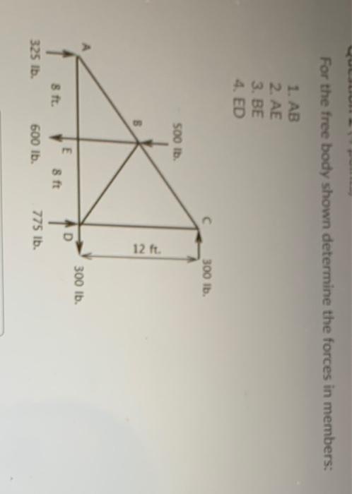 For The Free Body Shown Determine The Forces In Members 1 Ab 2 Ae 3 Be 4 Ed 300 Lb 500 Lb 12 Ft 300 Lb E Ad 8 Ft 1