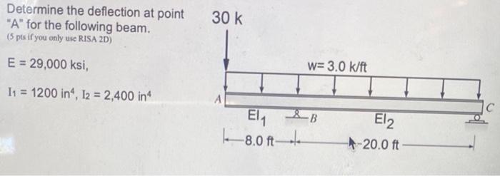 Determine The Deflection At Point A For The Following Beam 5 Pts If You Only Use Risa 2d 30 K E 29 000 Ksi W 3 1
