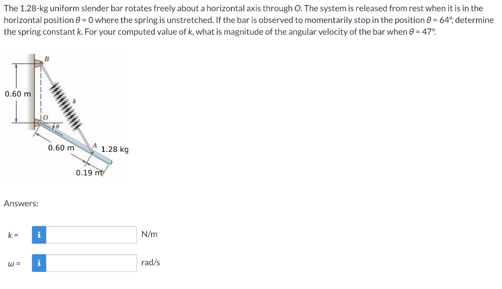 The 1 28 Kg Uniform Slender Bar Rotates Freely About A Horizontal Axis Through O The System Is Released From Rest When 1