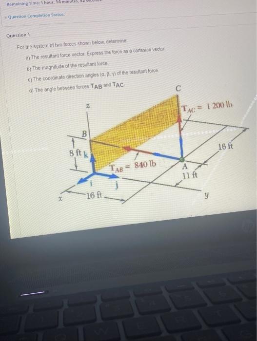 Remaining Time 1 Hour 14 Minutes 5240 Question Completion Status Question 1 For The System Of Two Forces Shown Below 1