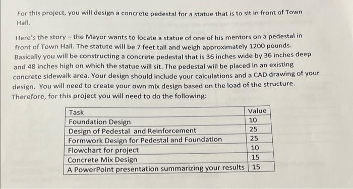 For This Project You Will Design A Concrete Pedestal For A Statue That Is To Sit In Front Of Town Hall Here S The Stor 1