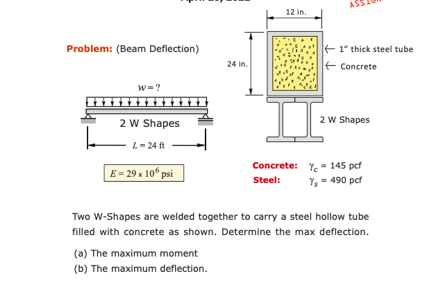 12 In Problem Beam Deflection 1 Thick Steel Tube Concrete 24 In W 2 W Shapes 2 W Shapes L 24 Ft E 29 X 10 Ps 1