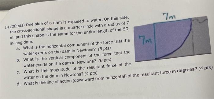 14 20 Pts One Side Of A Dam Is Exposed To Water On This Side 7m The Cross Sectional Shape Is A Quarter Circle With A 1