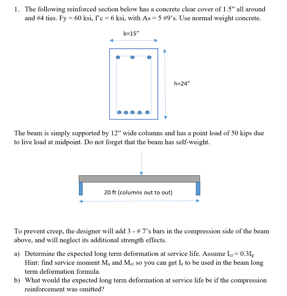 1 The Following Reinforced Section Below Has A Concrete Clear Cover Of 1 5 All Around And 4 Ties Fy 60 Ksi F C 1