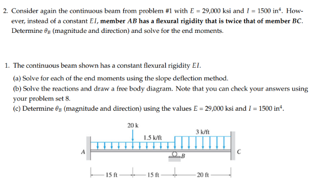 2 Consider Again The Continuous Beam From Problem 1 With E 29 000 Ksi And I 1500 In How Ever Instead Of A Cons 1
