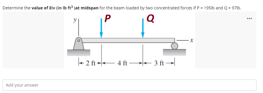 Determine The Value Of Elv In Lb Ft3 At Midspan For The Beam Loaded By Two Concentrated Forces If P 1951b And Q 97 1