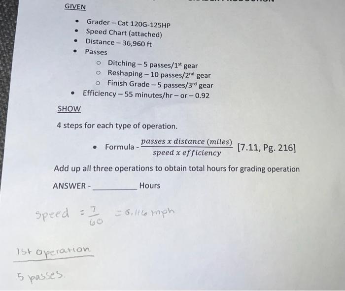 Given Grader Cat 120g 125hp Speed Chart Attached Distance 36 960 Ft Passes O Ditching 5 Passes 1st Gear O Resh 1