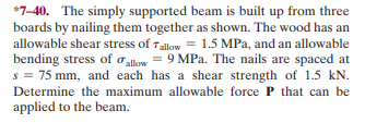 7 40 The Simply Supported Beam Is Built Up From Three Boards By Nailing Them Together As Shown The Wood Has An Allowa 1