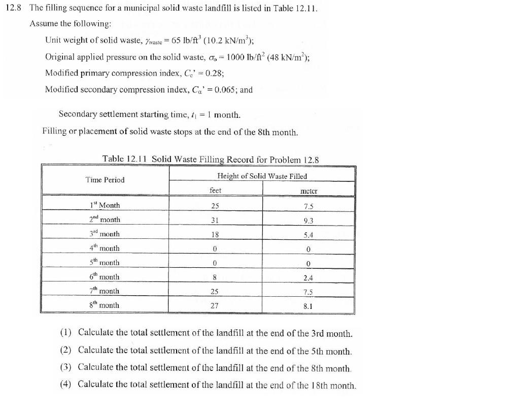 12 8 The Filling Sequence For A Municipal Solid Waste Landfill Is Listed In Table 12 11 Assume The Following Unit Weig 1