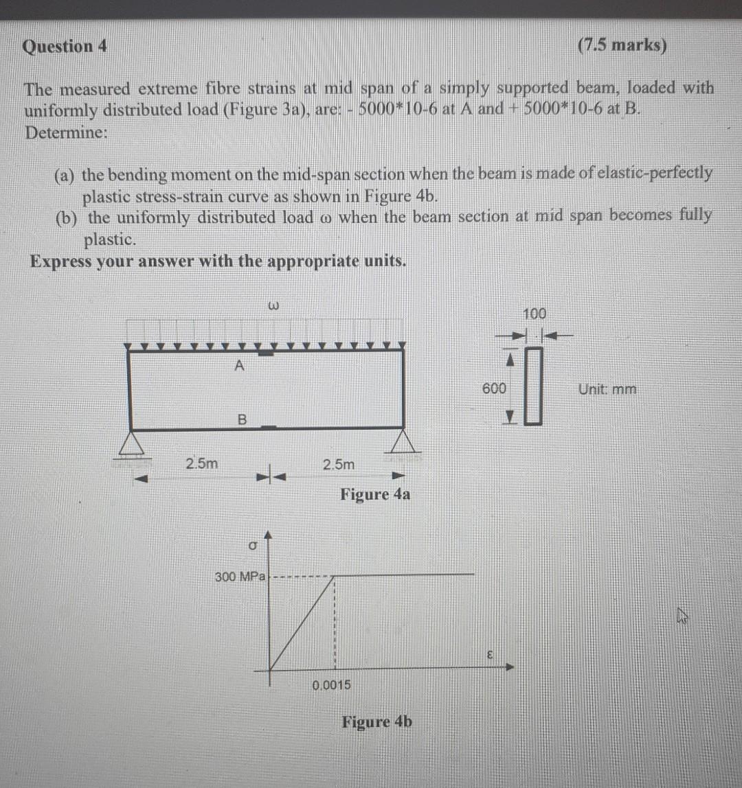 Question 4 7 5 Marks The Measured Extreme Fibre Strains At Mid Span Of A Simply Supported Beam Loaded With Uniformly 1