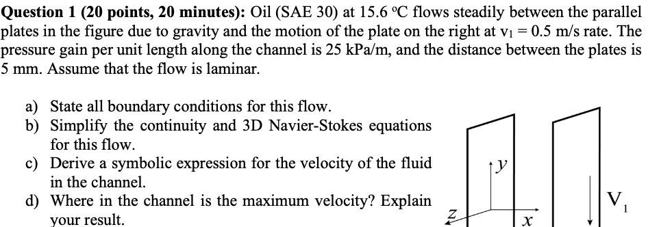 Question 1 20 Points 20 Minutes Oil Sae 30 At 15 6 C Flows Steadily Between The Parallel Plates In The Figure Due 1