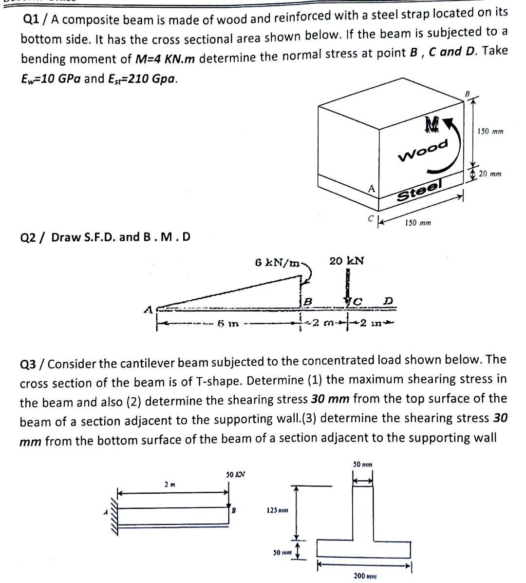Q1 A Composite Beam Is Made Of Wood And Reinforced With A Steel Strap Located On Its Bottom Side It Has The Cross Sec 1