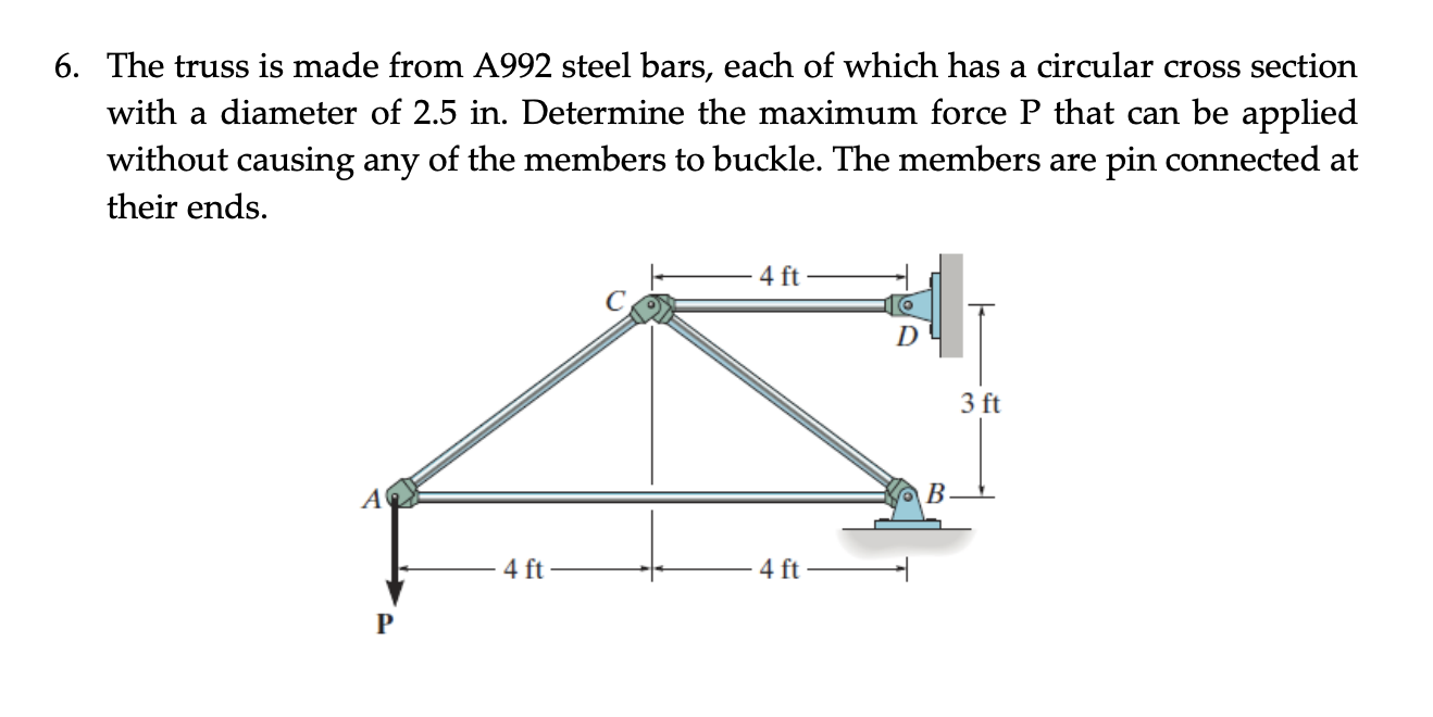 6 The Truss Is Made From A992 Steel Bars Each Of Which Has A Circular Cross Section With A Diameter Of 2 5 In Determi 1