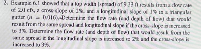 2 Example 6 1 Showed That A Top Width Spread Of 9 33 Ft Results From A Flow Rate Of 2 0 Cfs A Cross Slope Of 2 And 1