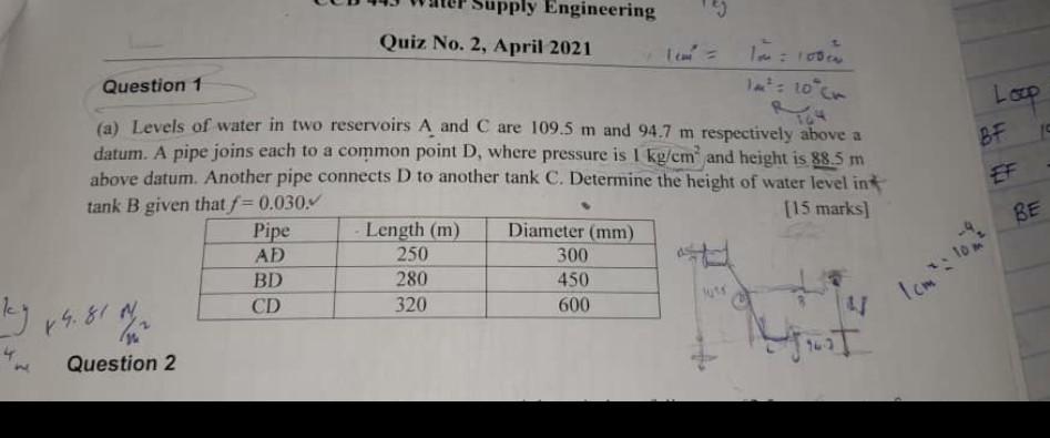 Apply Engineering Quiz No 2 April 2021 Im 100 Question 1 1 10 Cm Loop Bf A Levels Of Water In Two Reservoirs A And 1