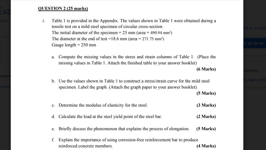 Exa Question 2 25 Marks Son Id Or Create I Table 1 Is Provided In The Appendix The Values Shown In Table 1 Were Obta 1