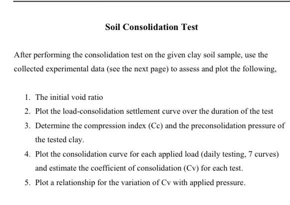 Soil Consolidation Test After Performing The Consolidation Test On The Given Clay Soil Sample Use The Collected Experim 1