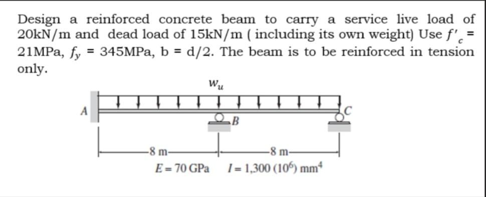 Design A Reinforced Concrete Beam To Carry A Service Live Load Of 20kn M And Dead Load Of 15kn M Including Its Own Wei 1