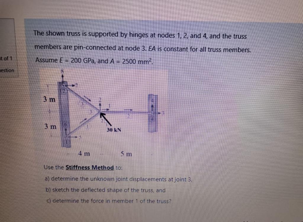 The Shown Truss Is Supported By Hinges At Nodes 1 2 And 4 And The Truss Members Are Pin Connected At Node 3 Ea Is Co 1