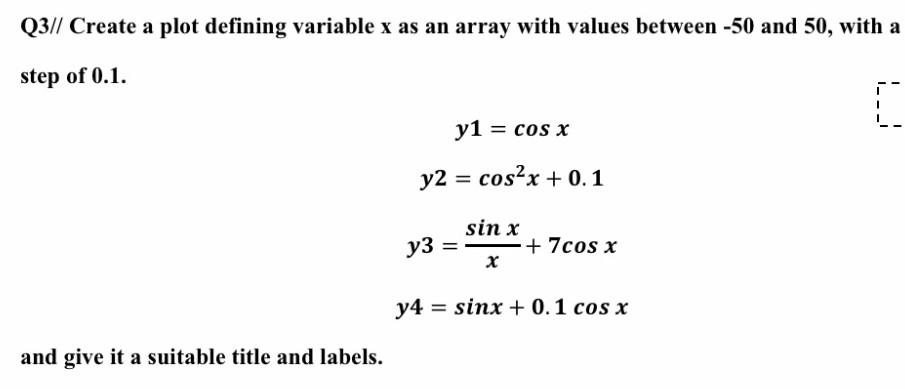Q3 Create A Plot Defining Variable X As An Array With Values Between 50 And 50 With A Step Of 0 1 C Y1 Cos X Y2 1