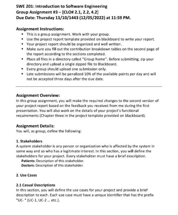 Swe 201 Introduction To Software Engineering Group Assignment 3 Clo 2 1 2 2 4 2 Due Date Thursday 11 10 1443 1