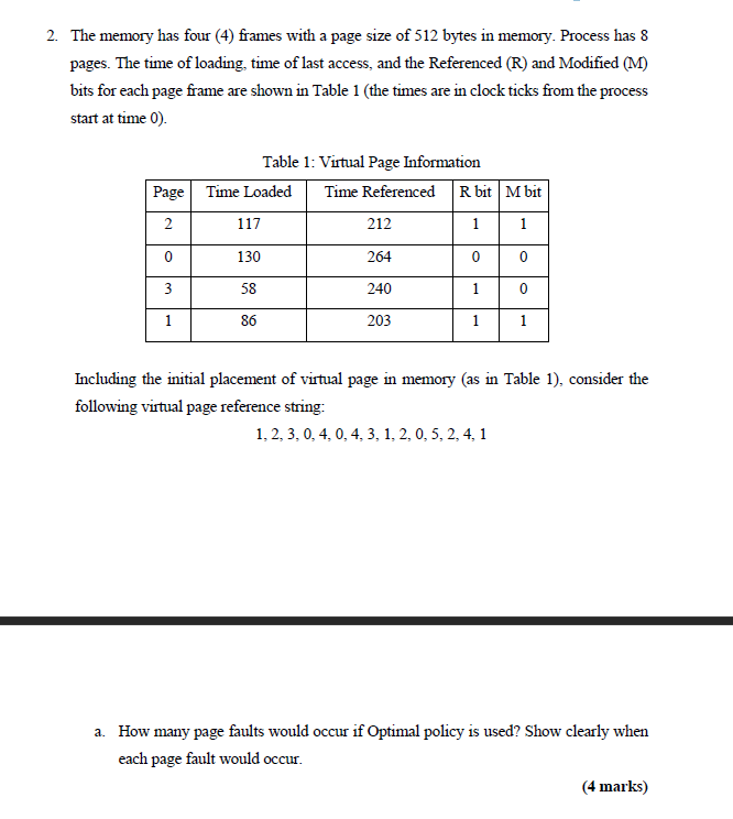 2 The Memory Has Four 4 Frames With A Page Size Of 512 Bytes In Memory Process Has 8 Pages The Time Of Loading Tim 1