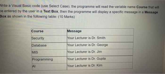 Write A Visual Basic Code Use Select Case The Programme Will Read The Variable Name Course That Will De Entered By Th 1