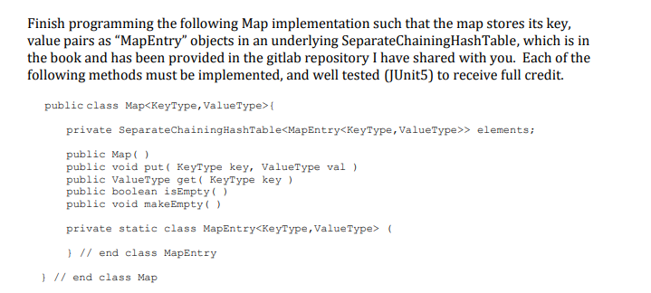 Finish Programming The Following Map Implementation Such That The Map Stores Its Key Value Pairs As Mapentry Objects 1