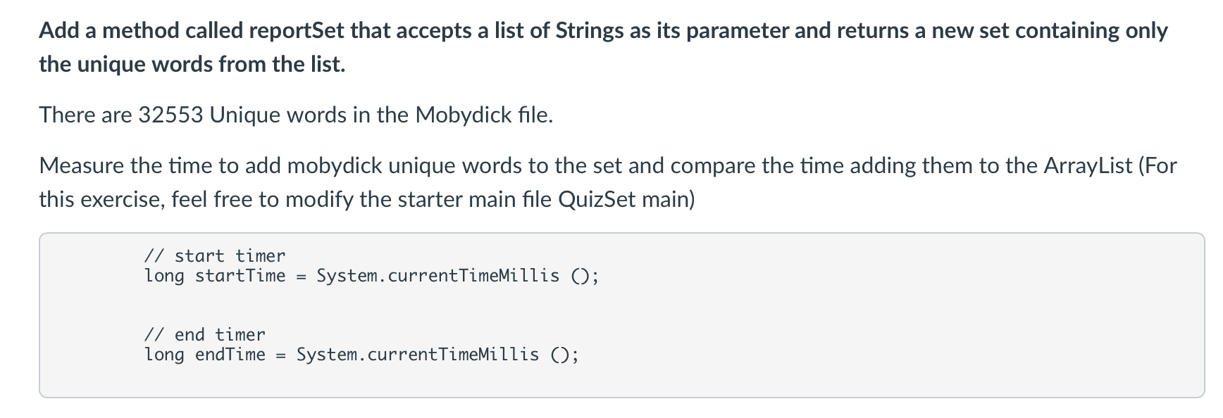 Add A Method Called Reportset That Accepts A List Of Strings As Its Parameter And Returns A New Set Containing Only The 1