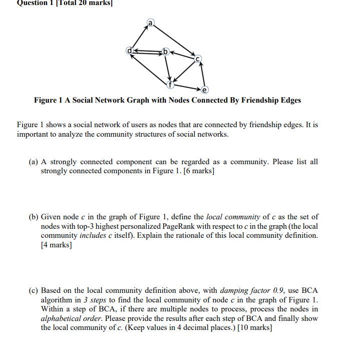 Question 1 Total 20 Marks Figure 1 A Social Network Graph With Nodes Connected By Friendship Edges Figure 1 Shows A Soc 1