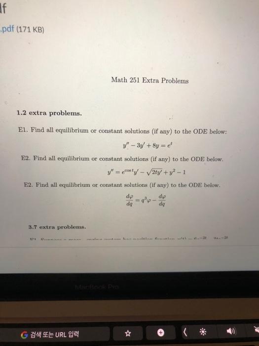 If Pdf 171 Kb Math 251 Extra Problems 1 2 Extra Problems El Find All Equilibrium Or Constant Solutions If Any To 1