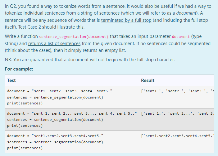 Python Question I M Not Sure Where I Am Going Wrong In My Code Def Sentence Segmentation Document Segmen 1