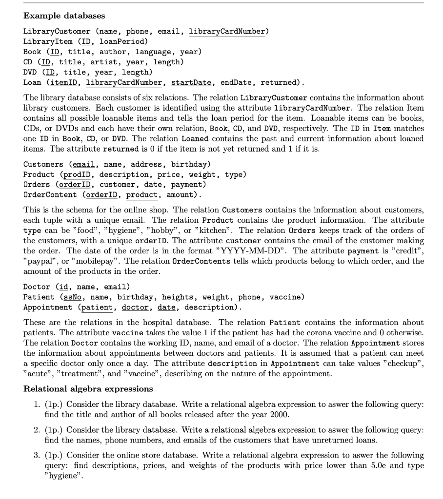 Example Databases Librarycustomer Name Phone Email Librarycardnumber Library Item Id Loanperiod Book Id Title 1