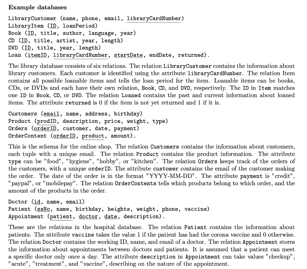Example Databases Library Customer Name Phone Email Librarycardnumber Libraryitem Id Loanperiod Book Id Title 1