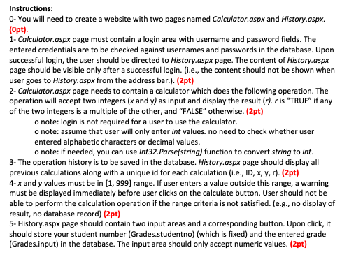 Instructions O You Will Need To Create A Website With Two Pages Named Calculator Aspx And History Aspx Opt 1 Calcu 1