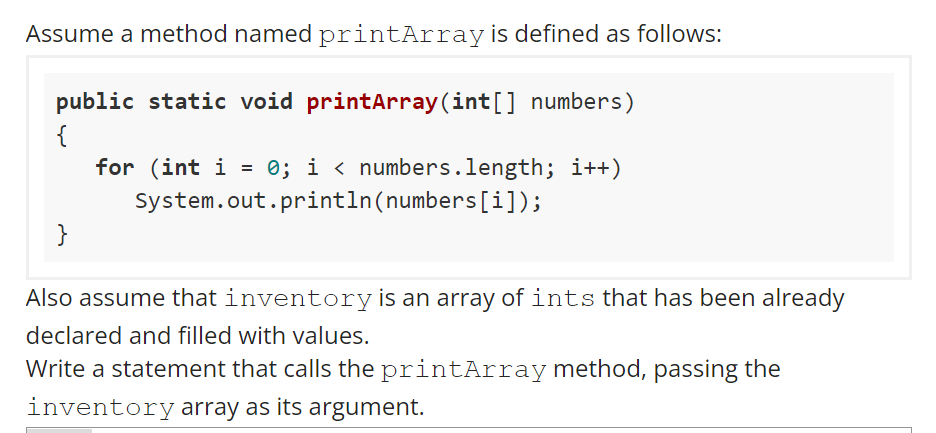 Assume A Method Named Printarray Is Defined As Follows Public Static Void Printarray Int Numbers For Int I 0 I 1