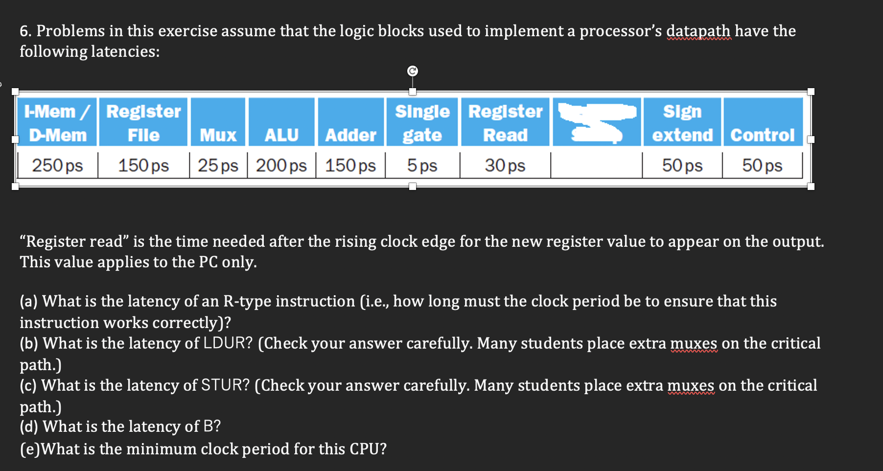 6 Problems In This Exercise Assume That The Logic Blocks Used To Implement A Processor S Datapath Have The Following La 1
