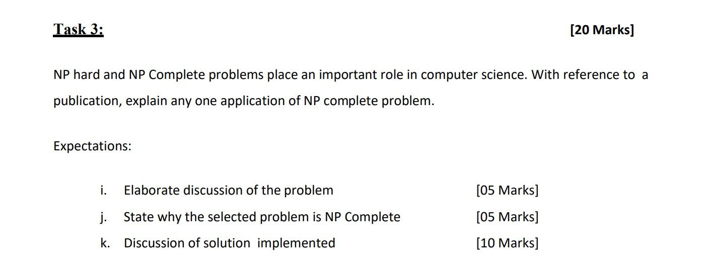 Task 3 20 Marks Np Hard And Np Complete Problems Place An Important Role In Computer Science With Reference To A Pub 1