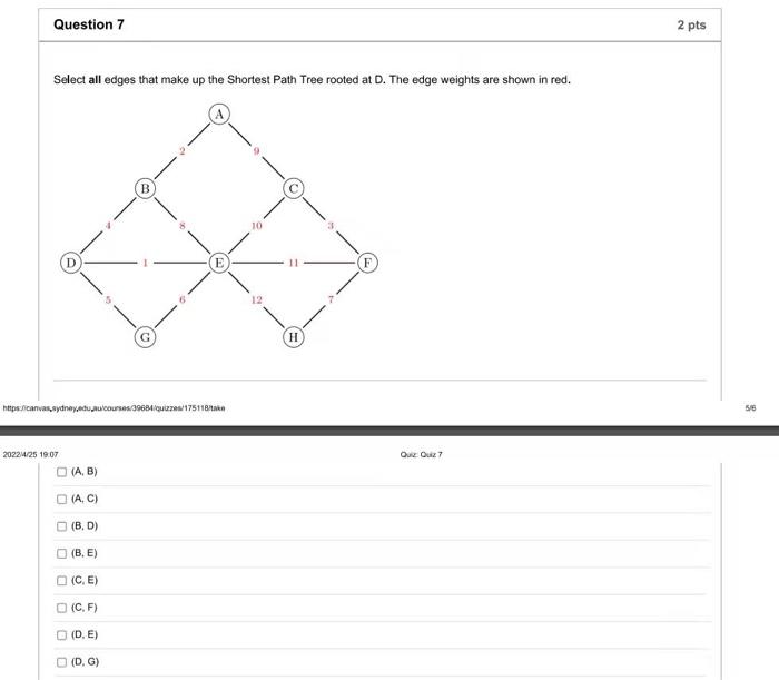 Question 7 2 Pts Select All Edges That Make Up The Shortest Path Tree Rooted At D The Edge Weights Are Shown In Red B 1