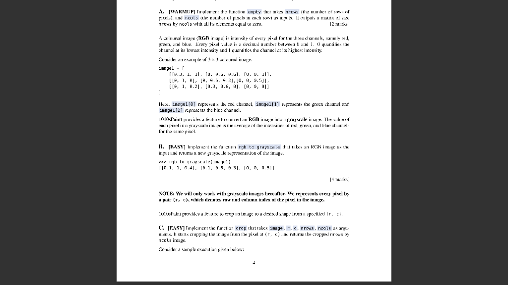 A Warmup Implement The Function Empty That Takes Nrows The Number Of Cow S Of Pixels And Cols The Number Of Pixels 1