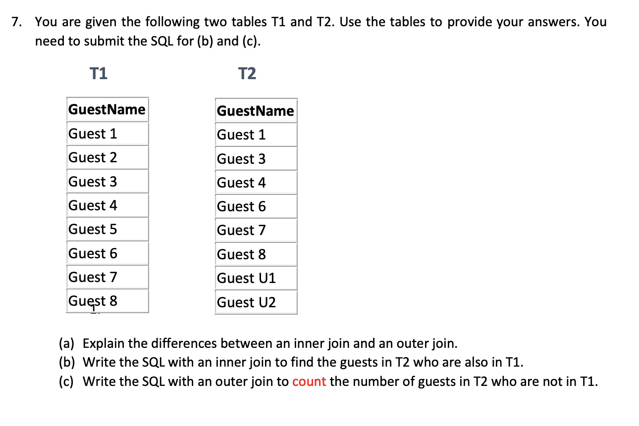 7 You Are Given The Following Two Tables T1 And T2 Use The Tables To Provide Your Answers You Need To Submit The Sql 1