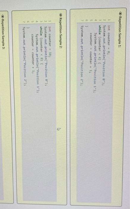 Repetition Sample 1 1 Int Counter 2 System Out Println Position 0 3 While Counter 4 4 System Out Println P 1