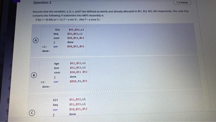 Question 2 15 Points Assume That The Variablessa B And I Are Defined As Words And Already Allocated To 41 12 Sa S 1