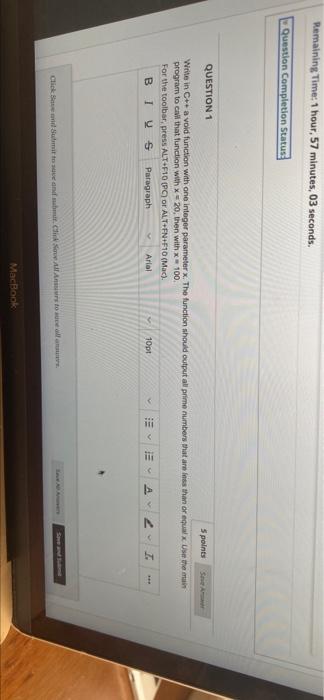 Remaining Time 1 Hour 57 Minutes 03 Seconds Question Completion Status Question 1 5 Points Write In C Avoid Functi 1