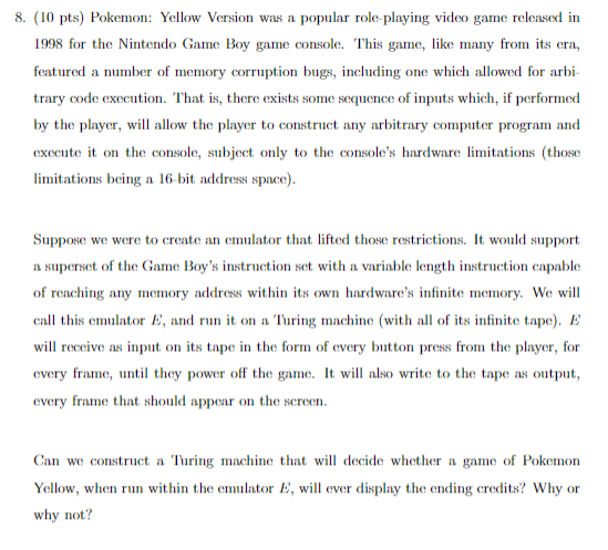8 10 Pts Pokemon Yellow Version Was A Popular Role Playing Video Game Released In 1998 For The Nintendo Game Boy Gam 1