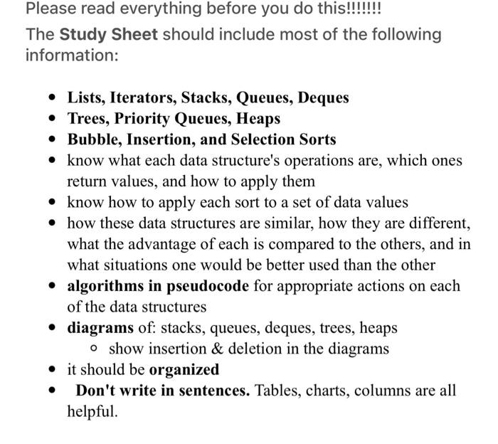 Please Read Everything Before You Do This The Study Sheet Should Include Most Of The Following Information Lis 1